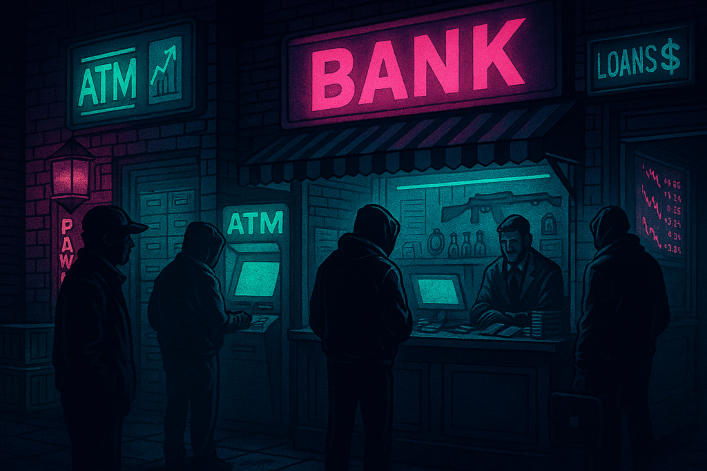 Neon-lit bank storefront at night with ATM machines and people standing in line under pink and cyan lighting.