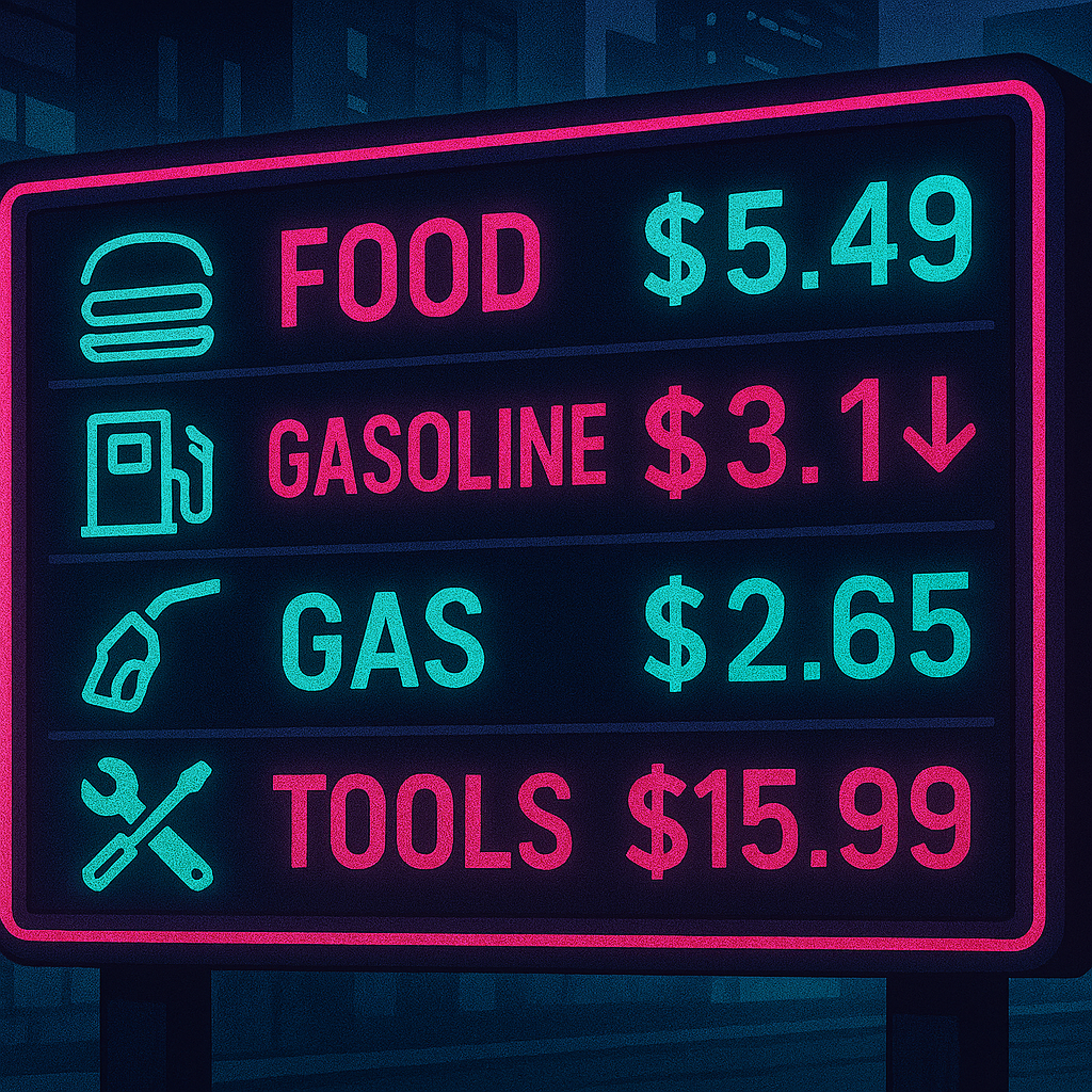 Neon digital price board displaying food, gasoline, gas, and tools costs in bright pink and cyan colors against a dark background.