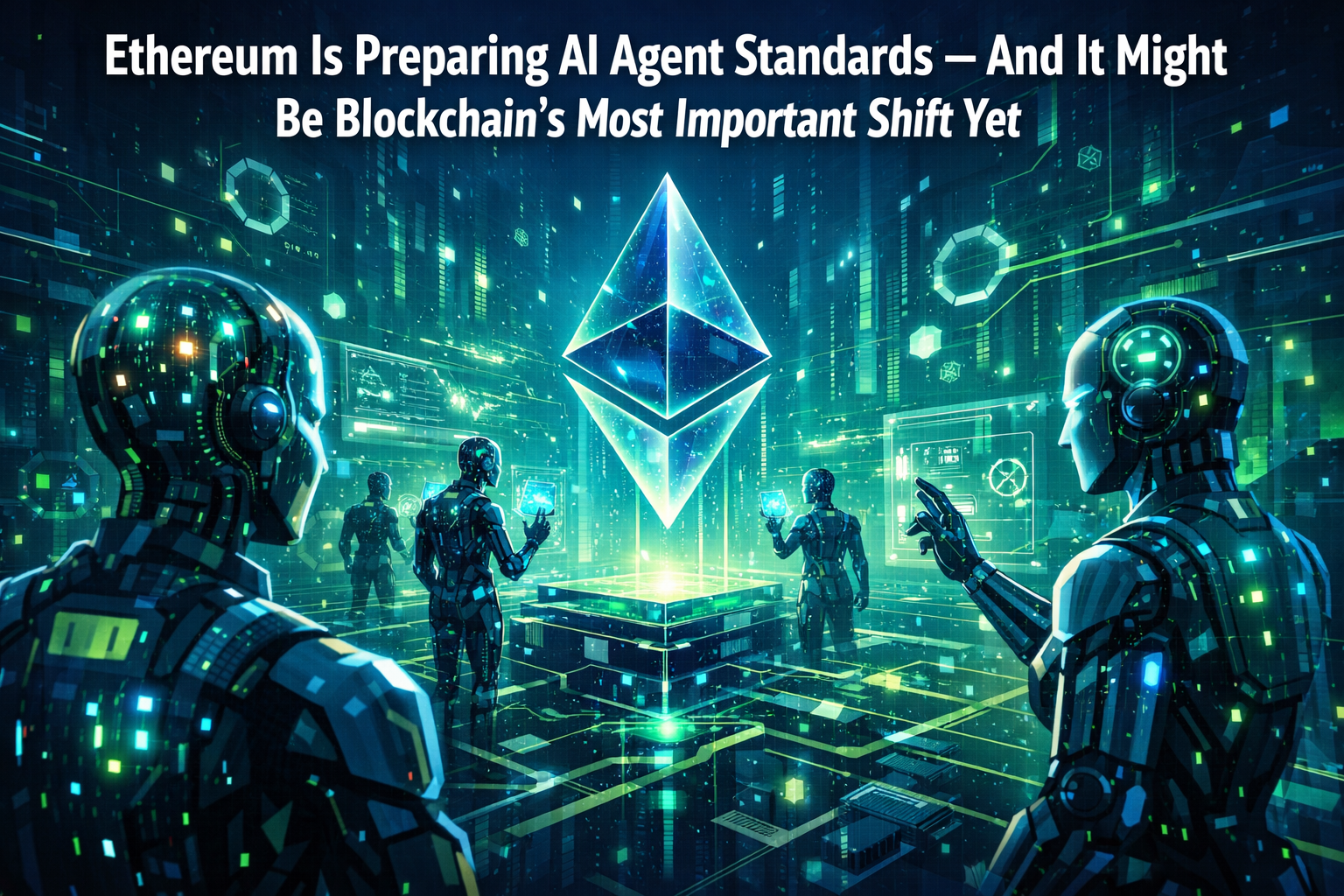 Futuristic Ethereum network with AI agents visualized as glowing circuits interacting on a digital blockchain grid