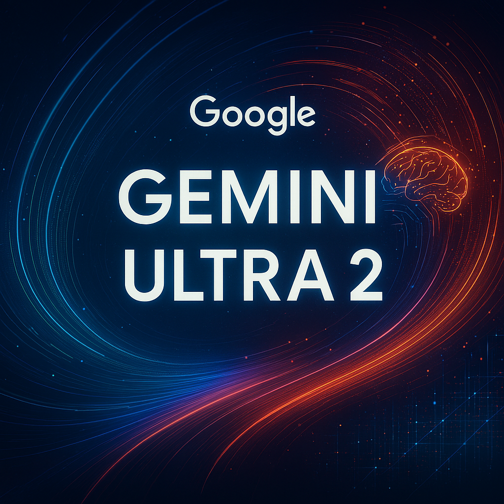 Illustration of Google’s Gemini Ultra 2 AI model with futuristic multimodal data streams and long‑context processing visuals.