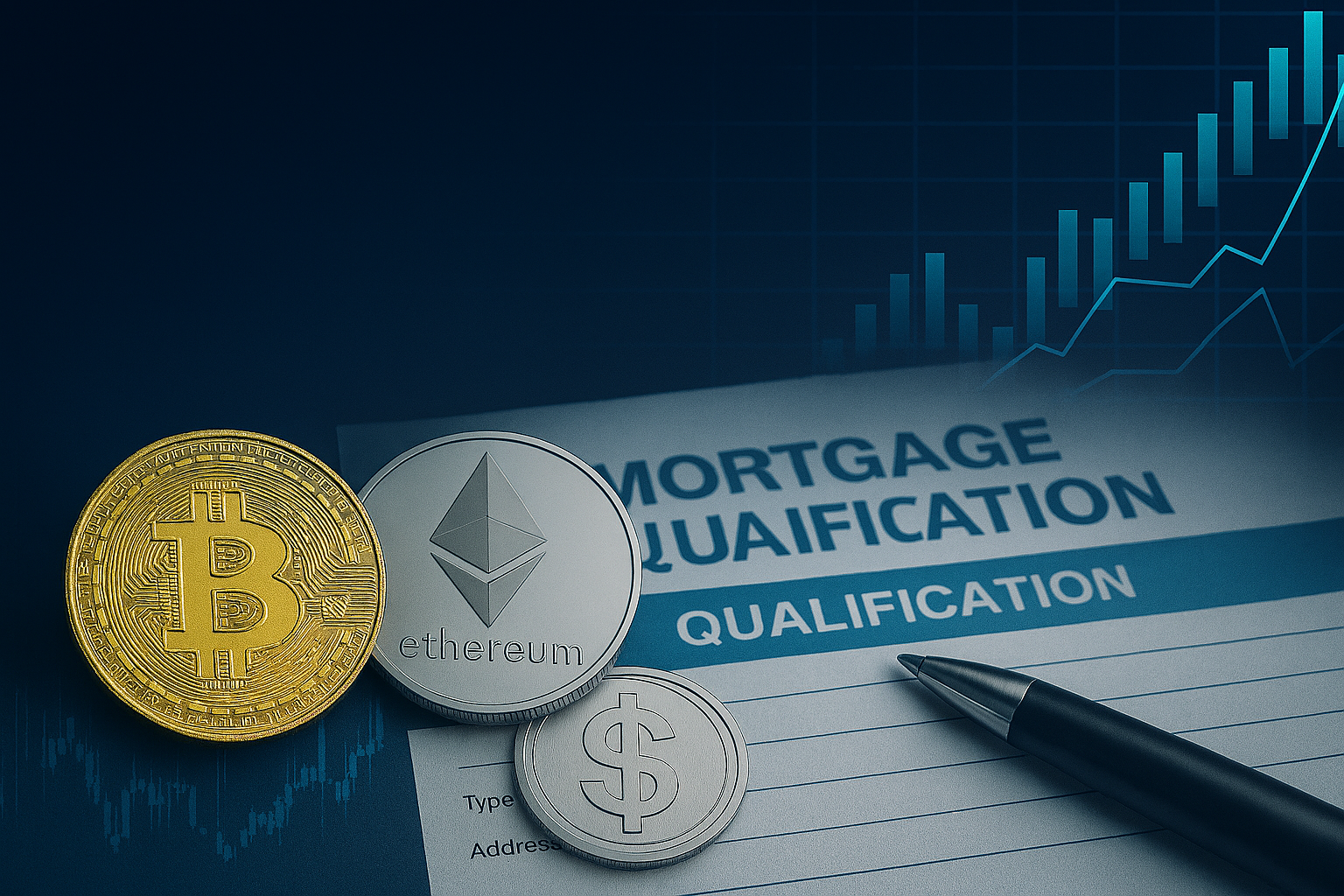 Editorial-style image showing Bitcoin, Ethereum, and stablecoins placed over a mortgage qualification document, with financial charts in the background. Represents the integration of crypto assets into traditional lending systems.