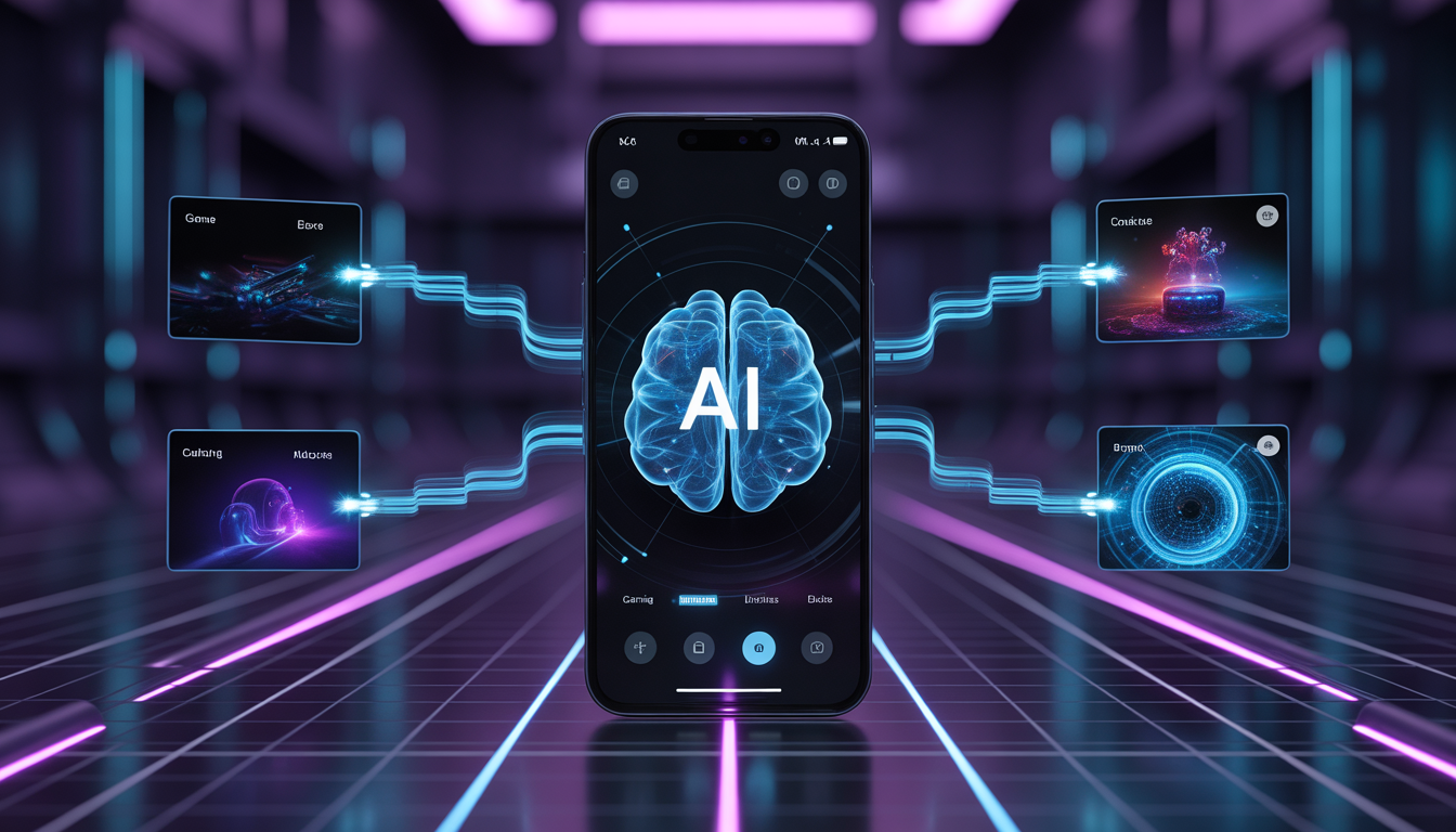 "Android 15 Adaptive Mode Engine concept: Smartphone with glowing AI brain connected to dynamic scene profiles like gaming, low-light, and multitasking in a futuristic cyberpunk style"