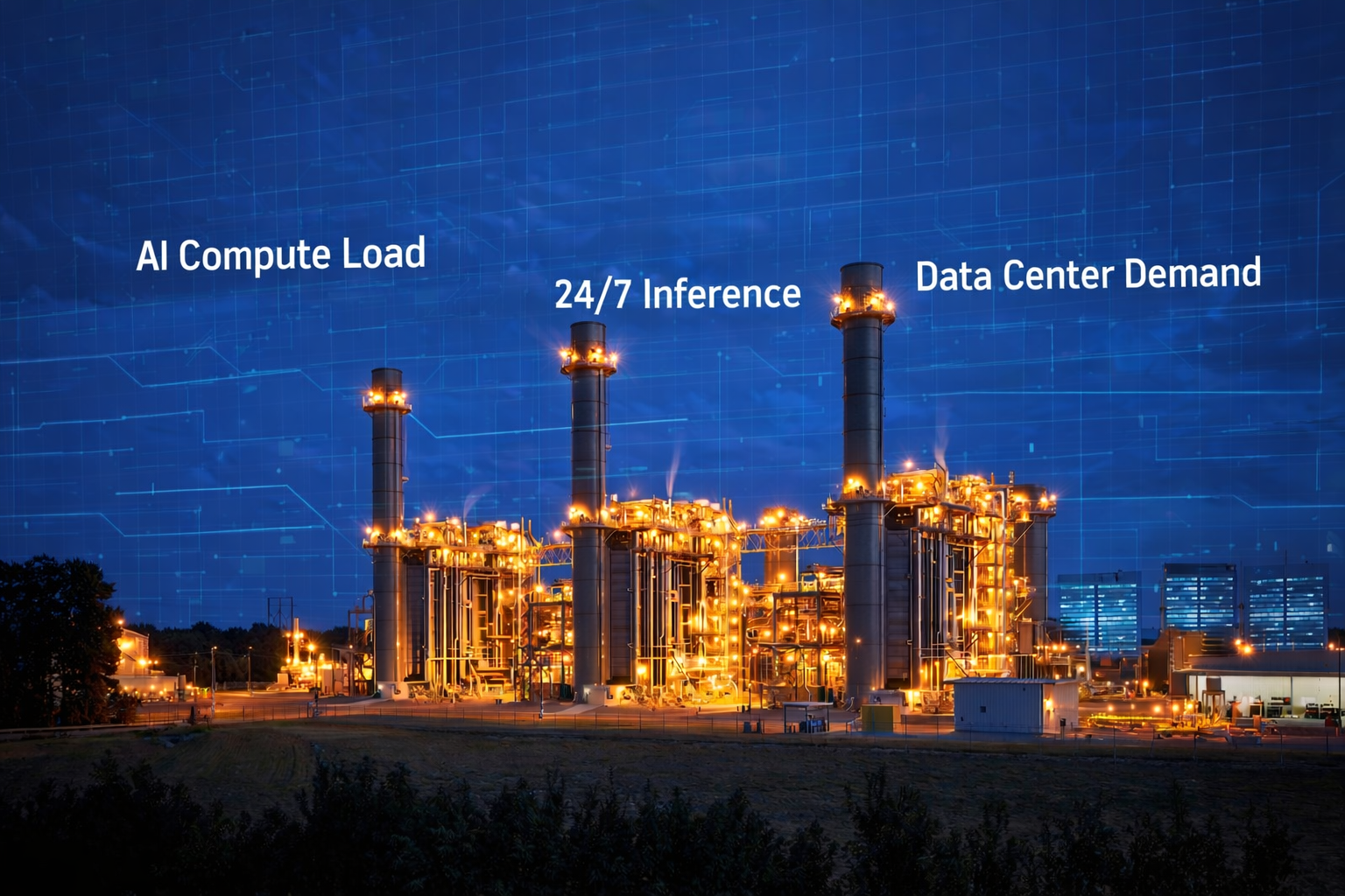 AI energy crisis 2026 natural gas power plant data center infrastructure at night