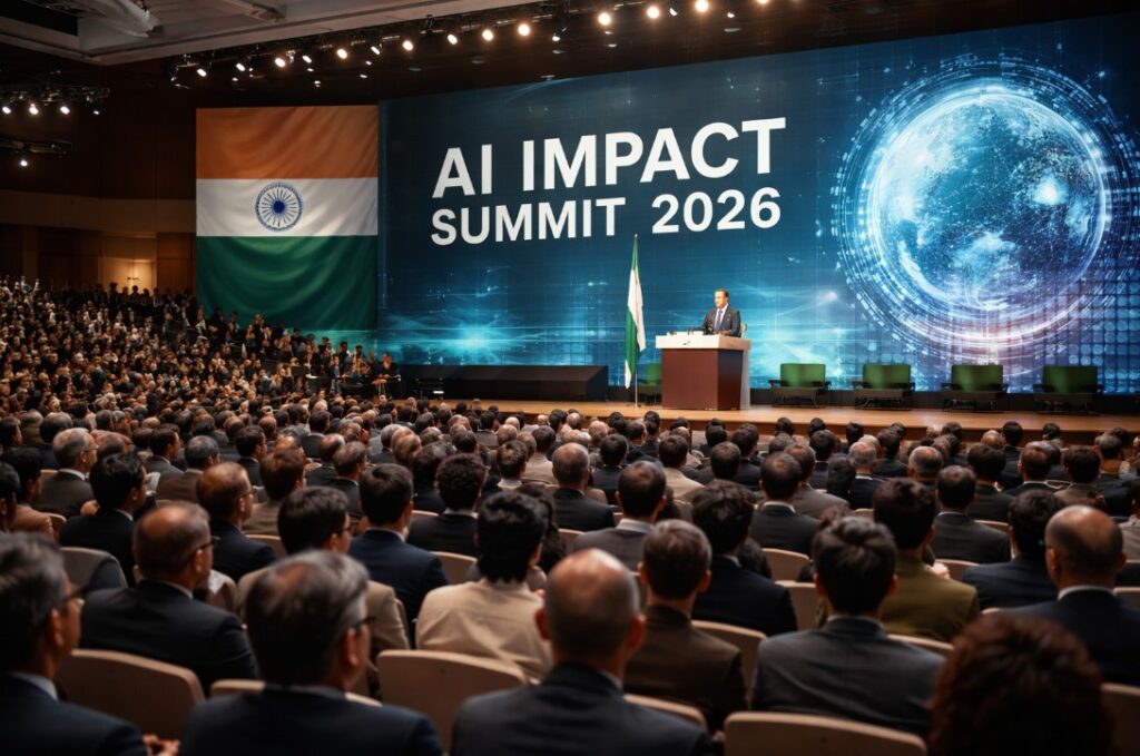 AI Impact Summit 2026 in New Delhi showcasing global delegates and India positioning itself as a key AI governance actor