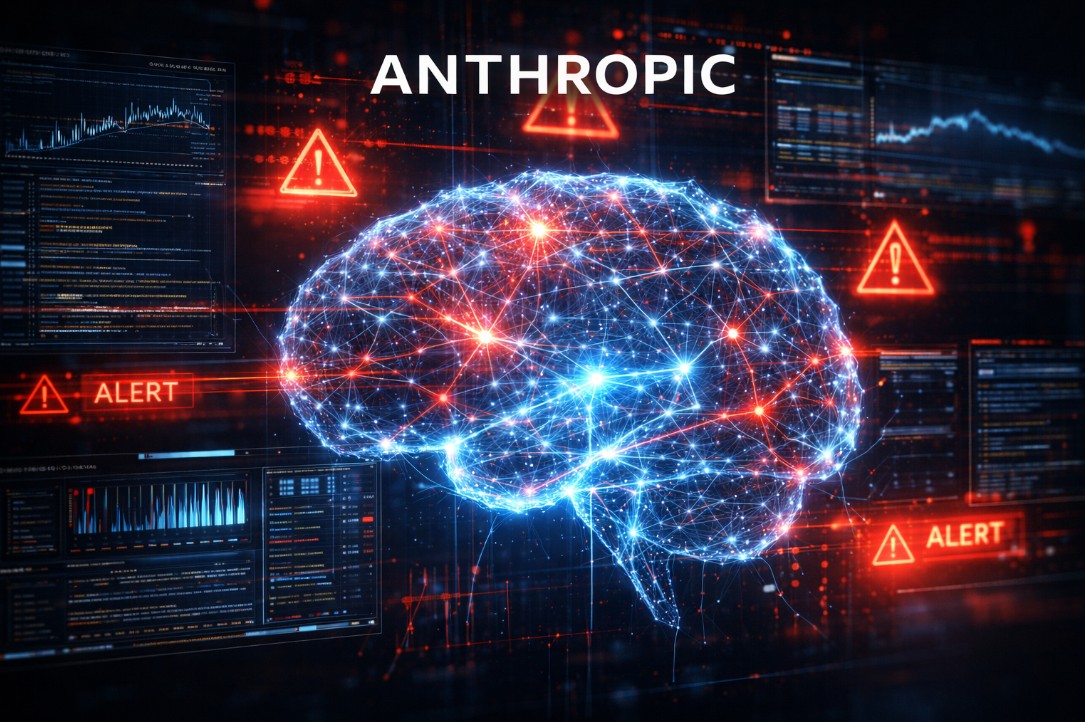 Anthropic AI safety resignation visualized as a neural network brain with red warning signals and governance alerts