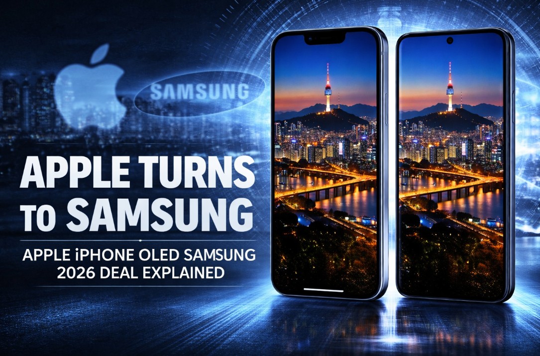 Apple iPhone OLED Samsung 2026 partnership illustrated with iPhone and Samsung devices highlighting strategic display collaboration