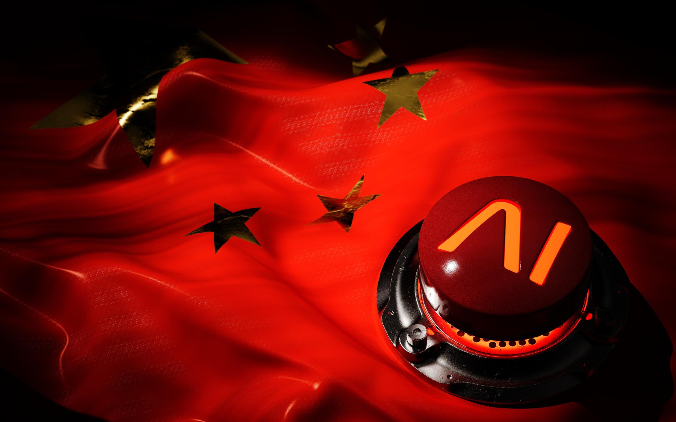 Nvidia AI chip symbol over the Chinese flag, representing geopolitical tension and U.S. export restrictions on advanced semiconductors.