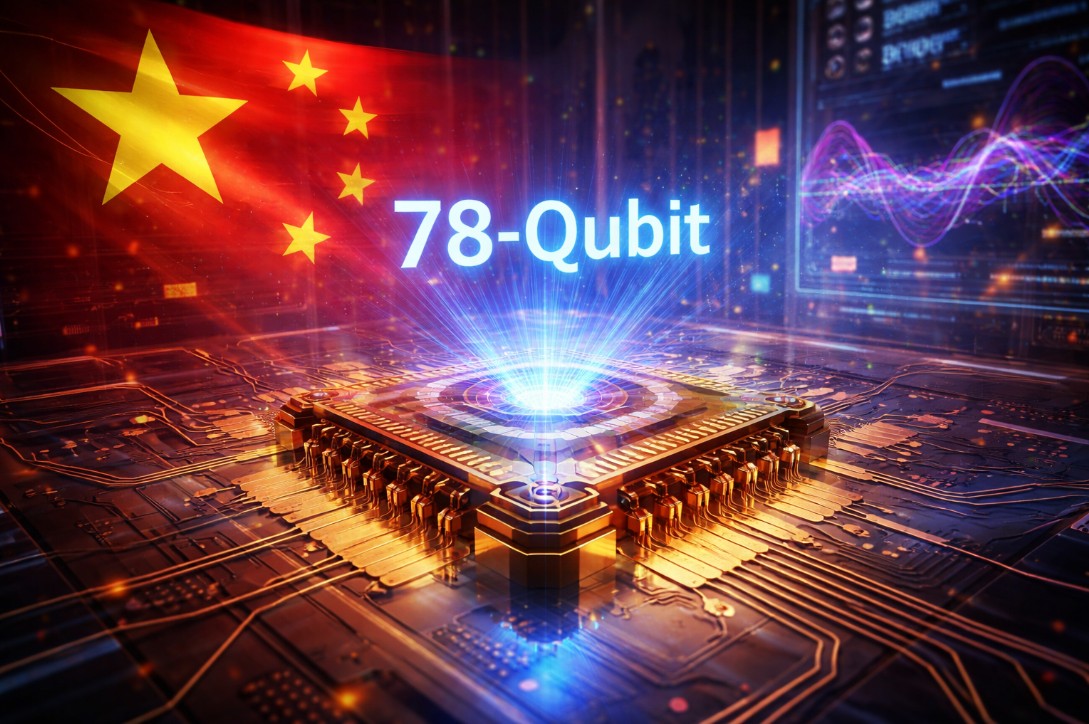 China 78-qubit quantum breakthrough illustrated with superconducting processor and controlled quantum chaos visualization