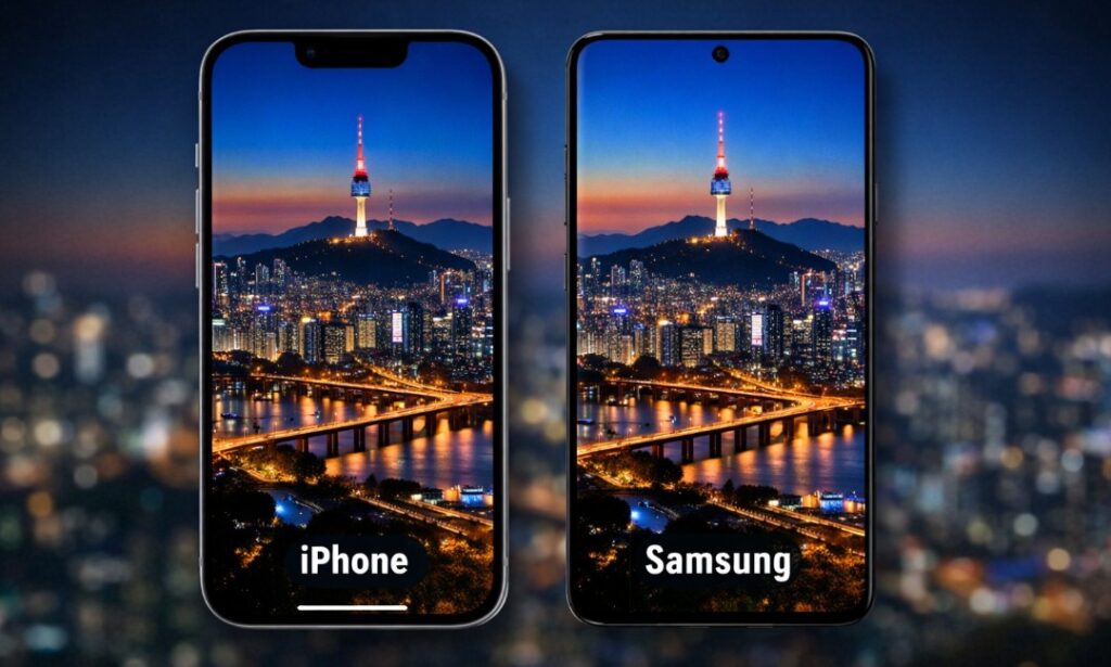 Comparison of iPhone and Samsung OLED display calibration showing brightness and color tuning differences in 2026