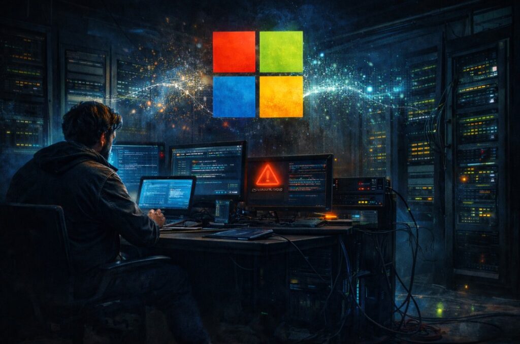 Microsoft silent update 2026 visualized in a data center environment showing enterprise infrastructure and backend systems