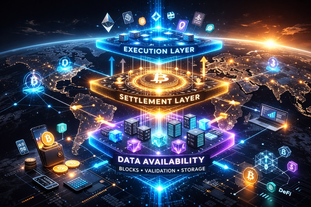 Futuristic modular blockchain architecture showing execution, settlement and data availability layers with crypto symbols over Earth