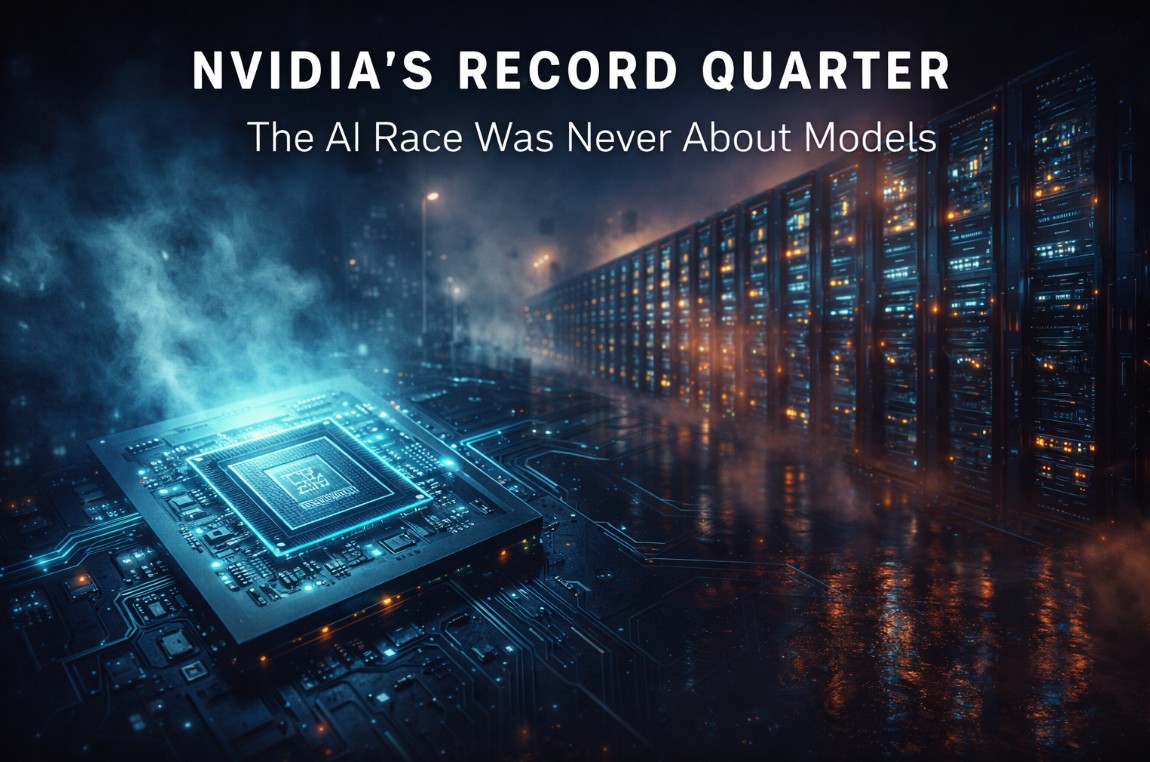 Nvidia GPU chip glowing cyan in front of massive data center server racks representing AI infrastructure arms race