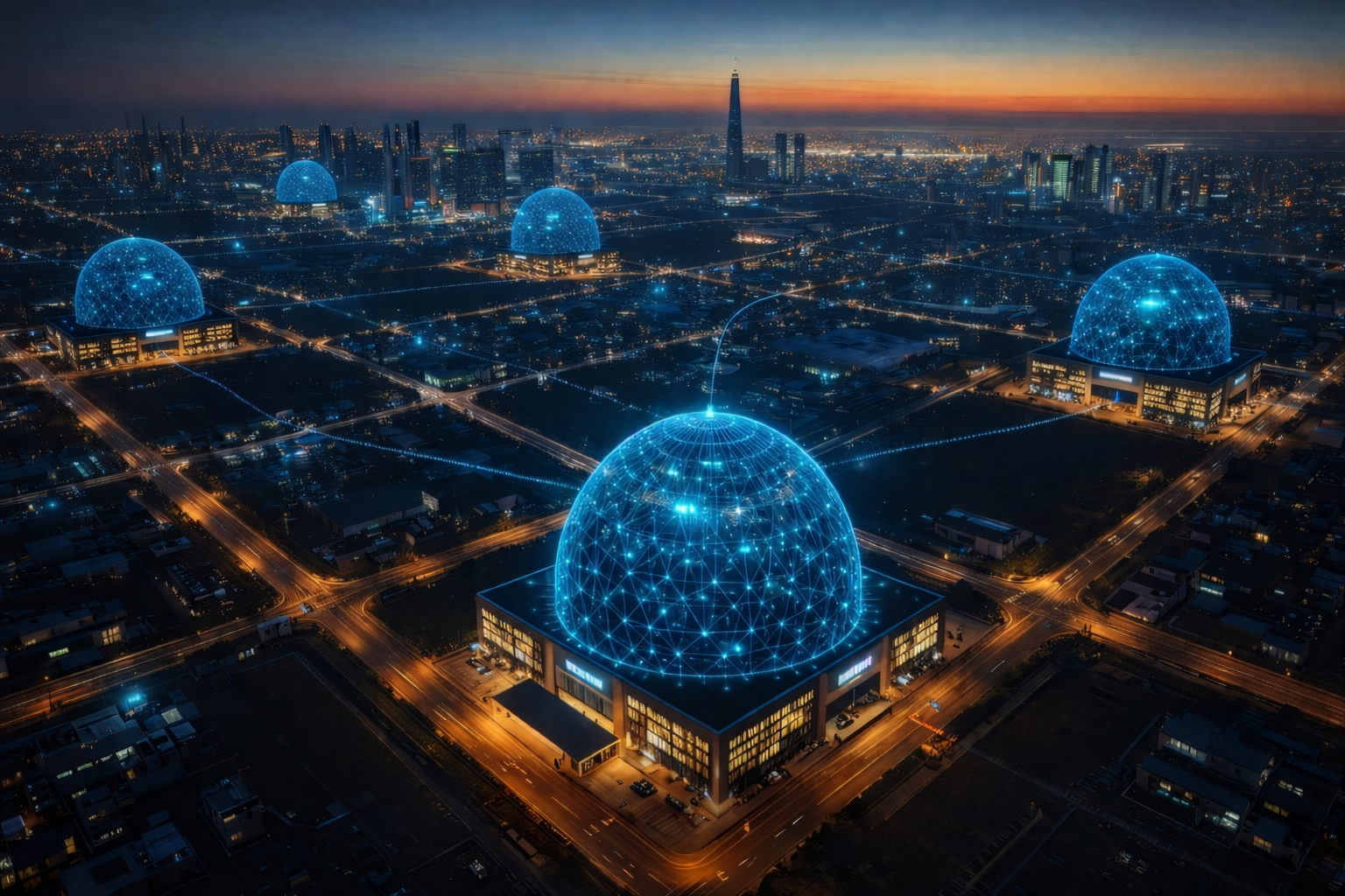 Futuristic AI data centers connected across a city, illustrating the physical infrastructure powering large-scale artificial intelligence.