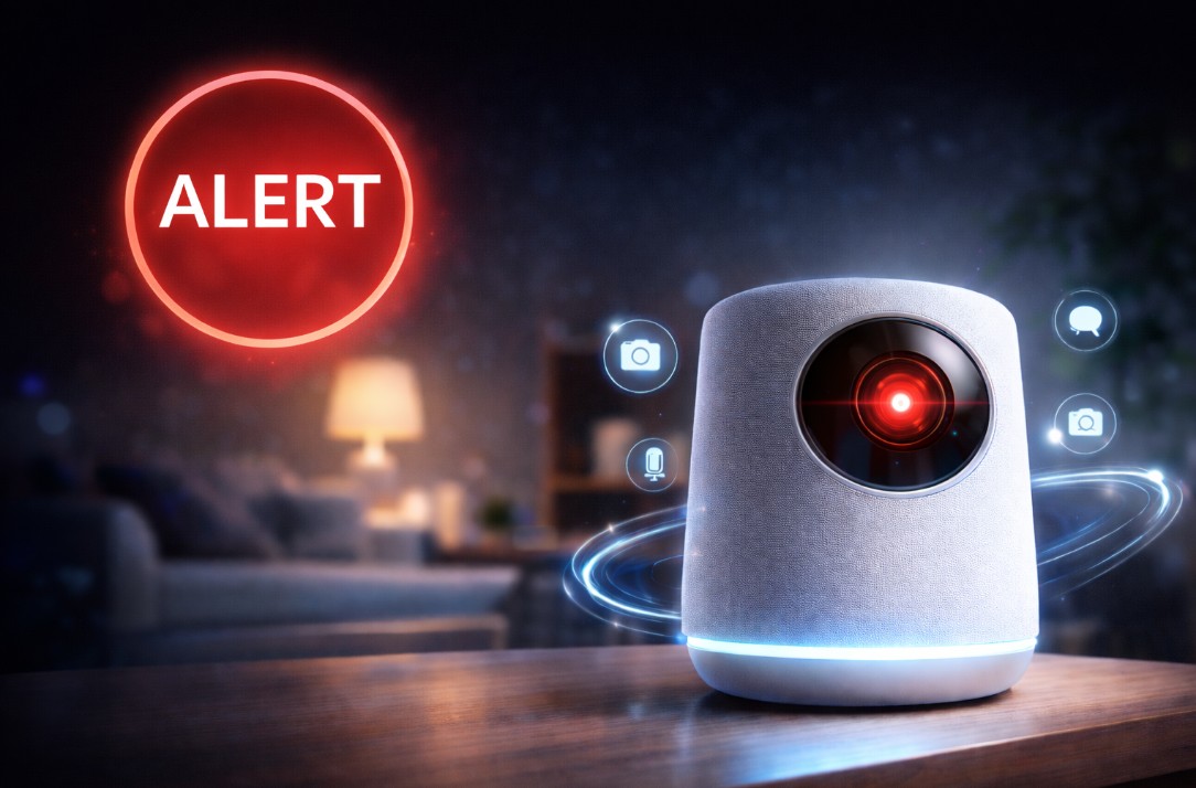 Concept render of the OpenAI Jony Ive smart speaker with red camera lens and alert indicator