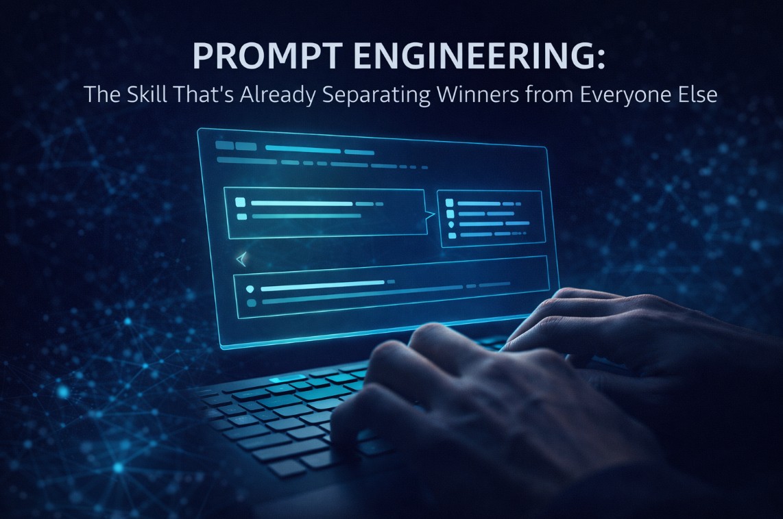 Prompt engineering ChatGPT header image showing hands typing with glowing AI interface on dark navy background