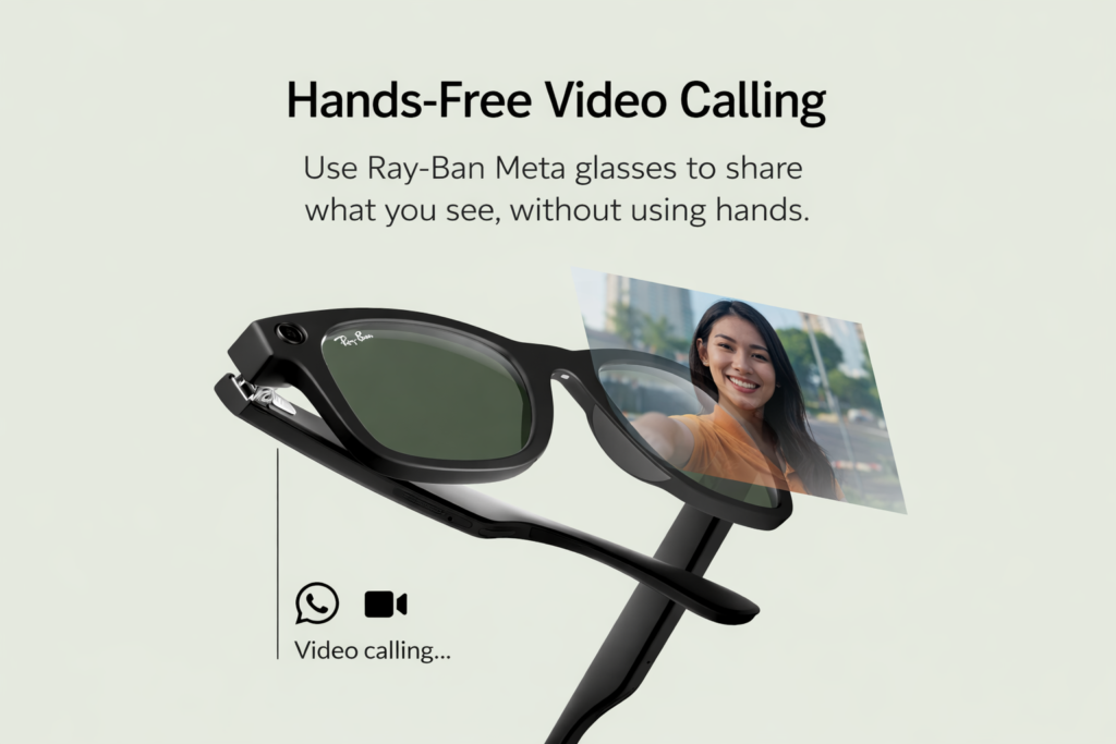 Ray-Ban Meta smart glasses showing hands-free video calling feature with integrated camera and AI-assisted interaction