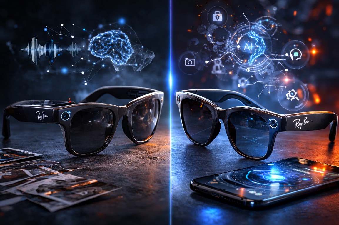 Side-by-side comparison of Ray-Ban Meta smart glasses Gen 1 and Gen 2 floating against a futuristic AI interface background