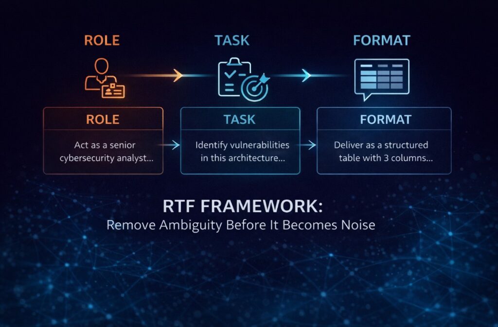 RTF framework prompt engineering infographic showing Role, Task, and Format connected in structured workflow