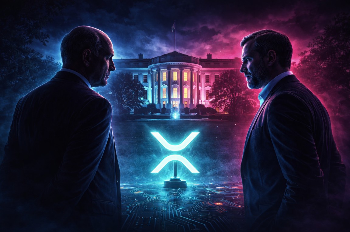 Gary Gensler and Brad Garlinghouse facing each other with glowing XRP symbol in front of the White House at night