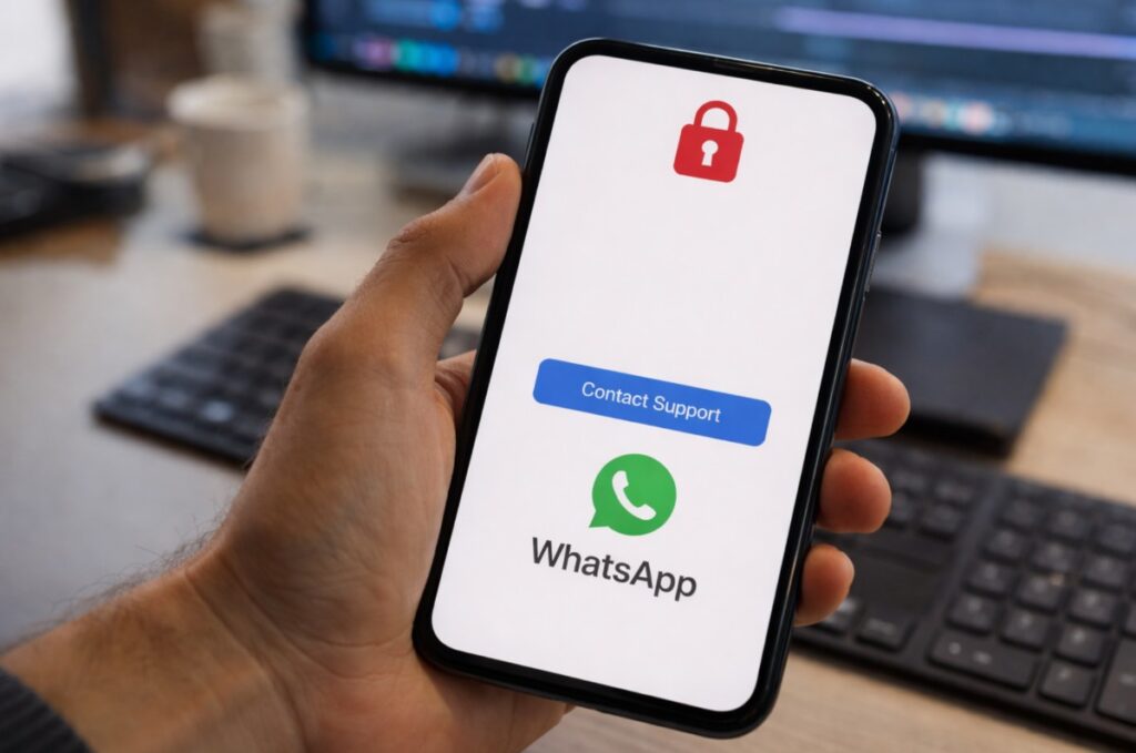 Close-up of a smartphone displaying a red padlock icon, symbolizing automated account restrictions on a messaging platform