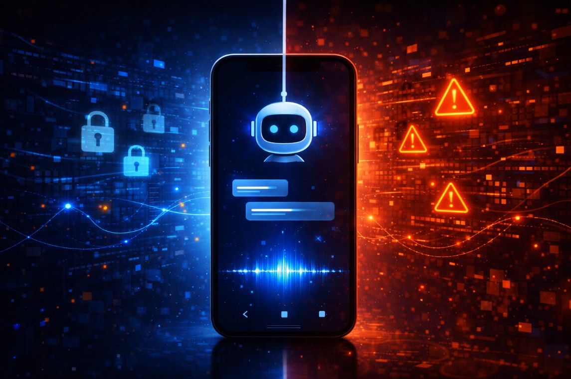 Smartphone displaying a glowing AI assistant interface split between secure blue data streams and red warning signals