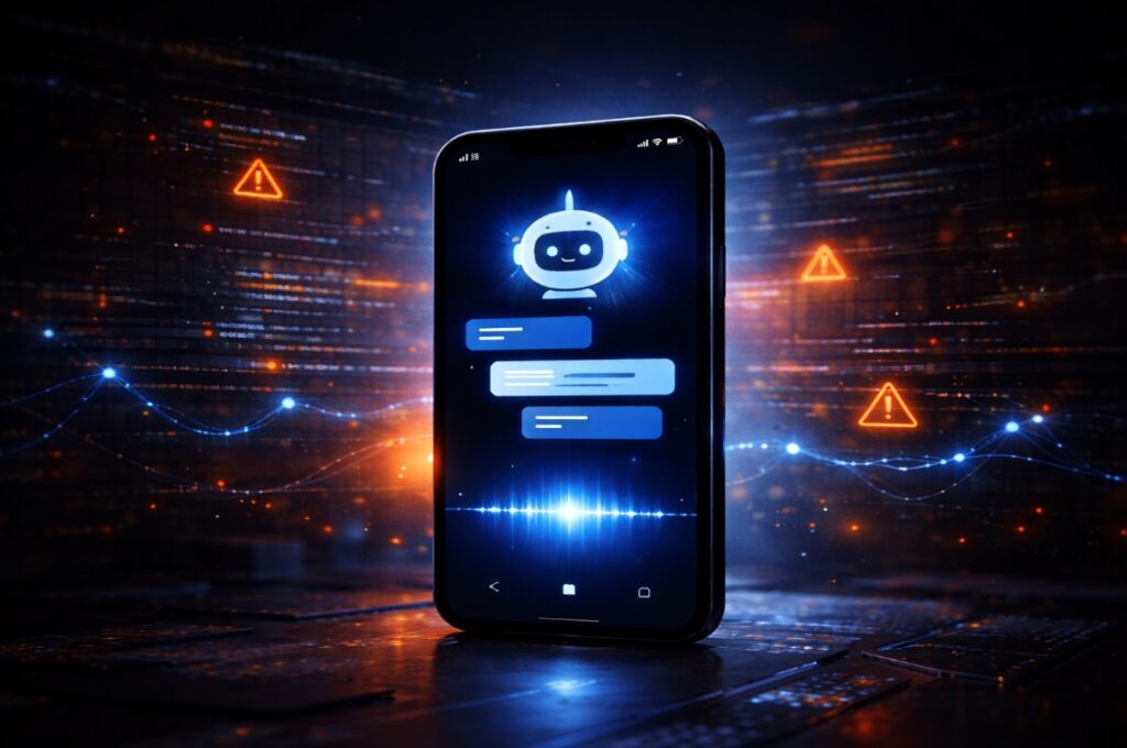 Smartphone displaying a glowing AI assistant interface with warning signals and flowing data streams in a dark digital environment