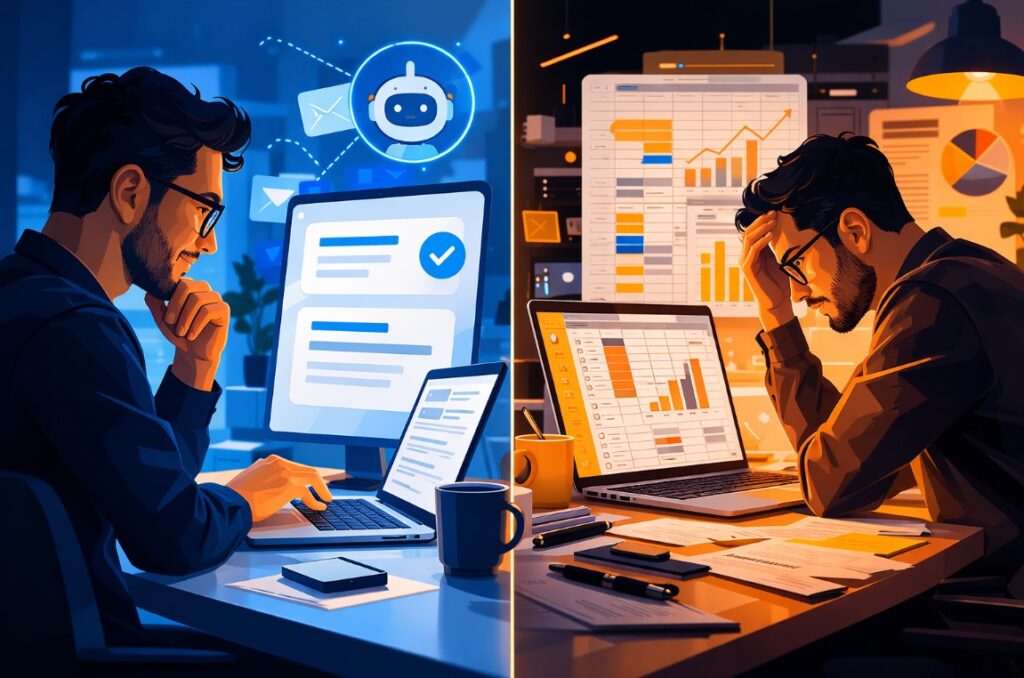 Split illustration showing a person calmly reading an AI-generated email summary on a laptop contrasted with the same person confused by a complex spreadsheet