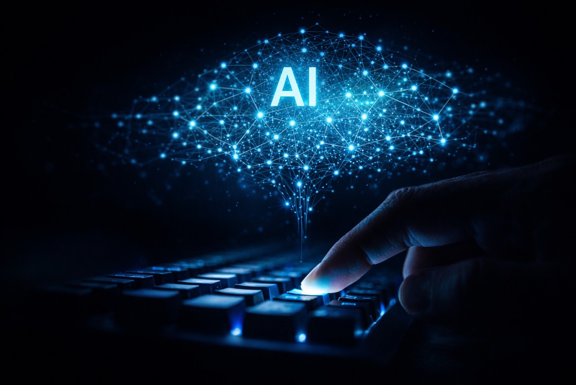 Finger pressing a glowing keyboard key with a holographic AI neural network visualization floating above