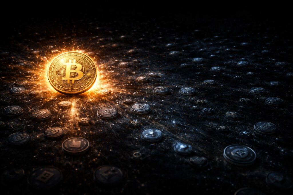 Altcoin bear market 2026 — Bitcoin radiating dominance while dozens of altcoin tokens fade into darkness around it
