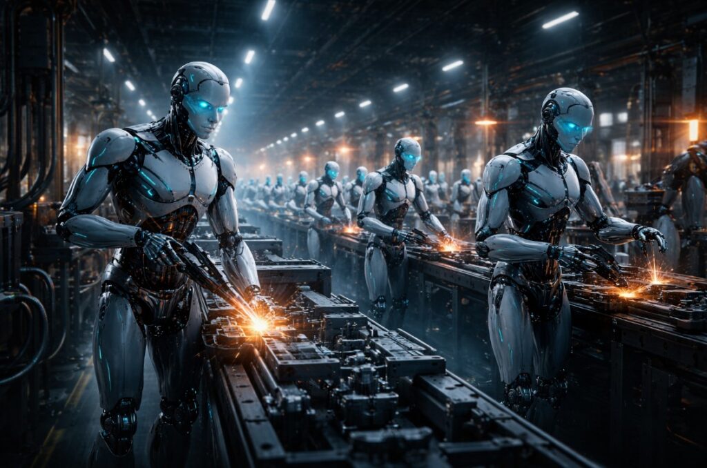 Cinematic image of multiple humanoid robots working on a large-scale industrial production line inside a dark navy factory with welding sparks and cyan lighting
