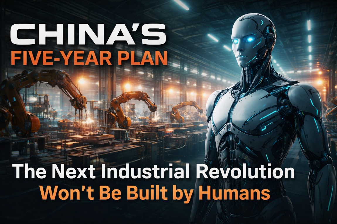 Cinematic header image of a humanoid robot standing inside a massive Chinese factory with robotic arms and industrial production lines under dramatic cyan and orange lighting