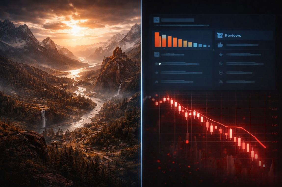 Crimson Desert launch showing stunning open world on one side and Pearl Abyss stock crash with mixed Steam reviews on the other
