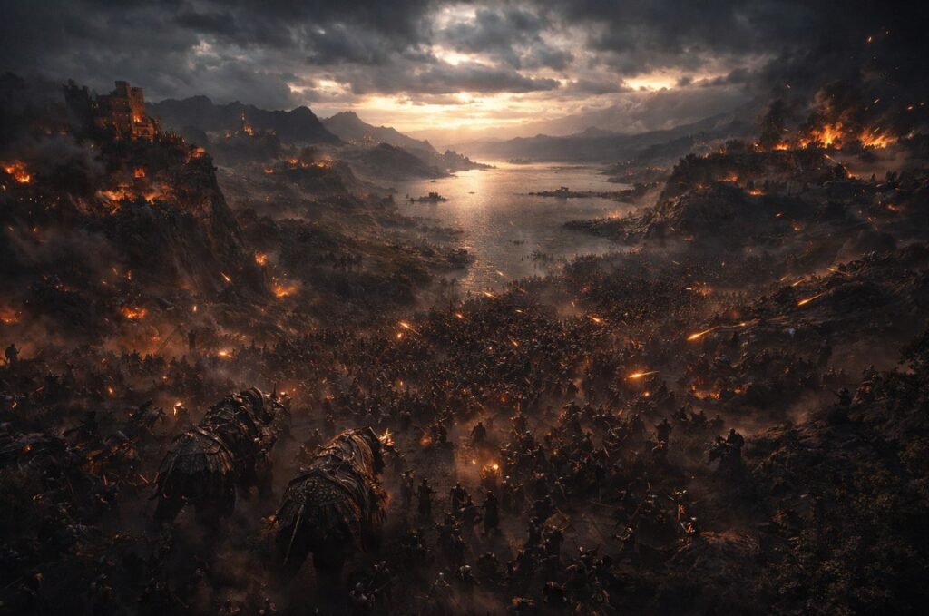 Crimson Desert open world large scale battle scene showing massive armies and dramatic fantasy landscape