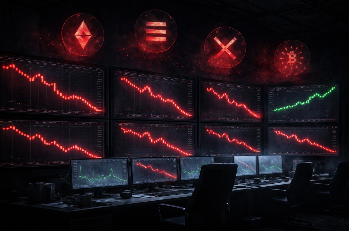 Altcoin bear market 2026 — dark trading room with red descending crypto charts and fading Ethereum, XRP and altcoin symbols while Bitcoin holds green