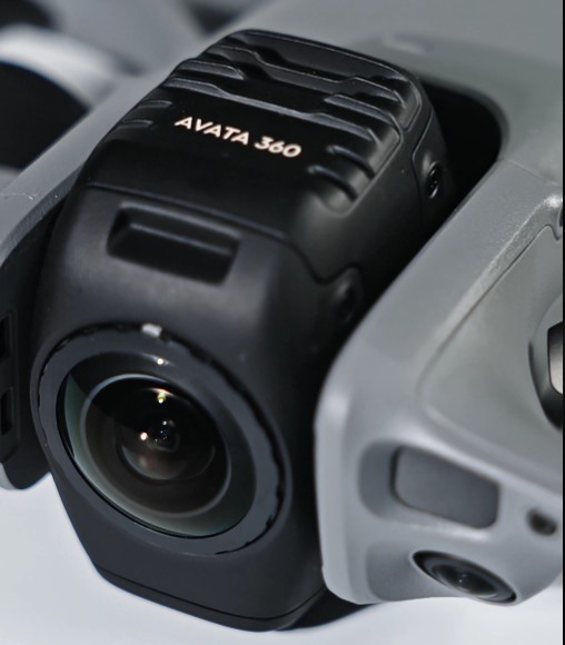 DJI Avata 360 camera module closeup showing wide-angle lens and dual 360-degree capture system