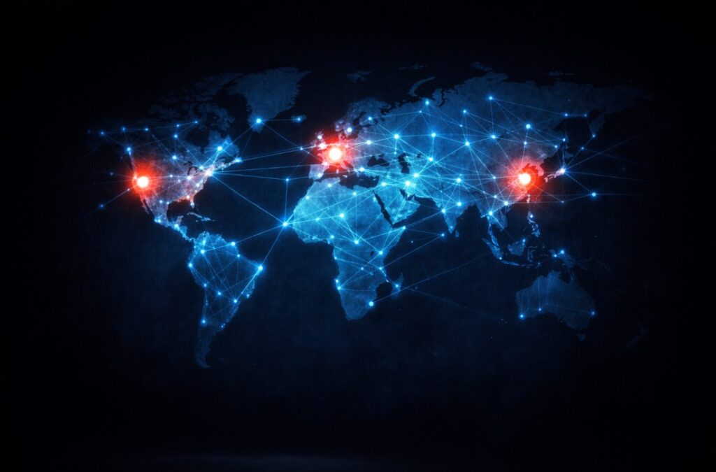 Dark world map with glowing red markers on the United States, Europe, and the Middle East connected by bright network lines