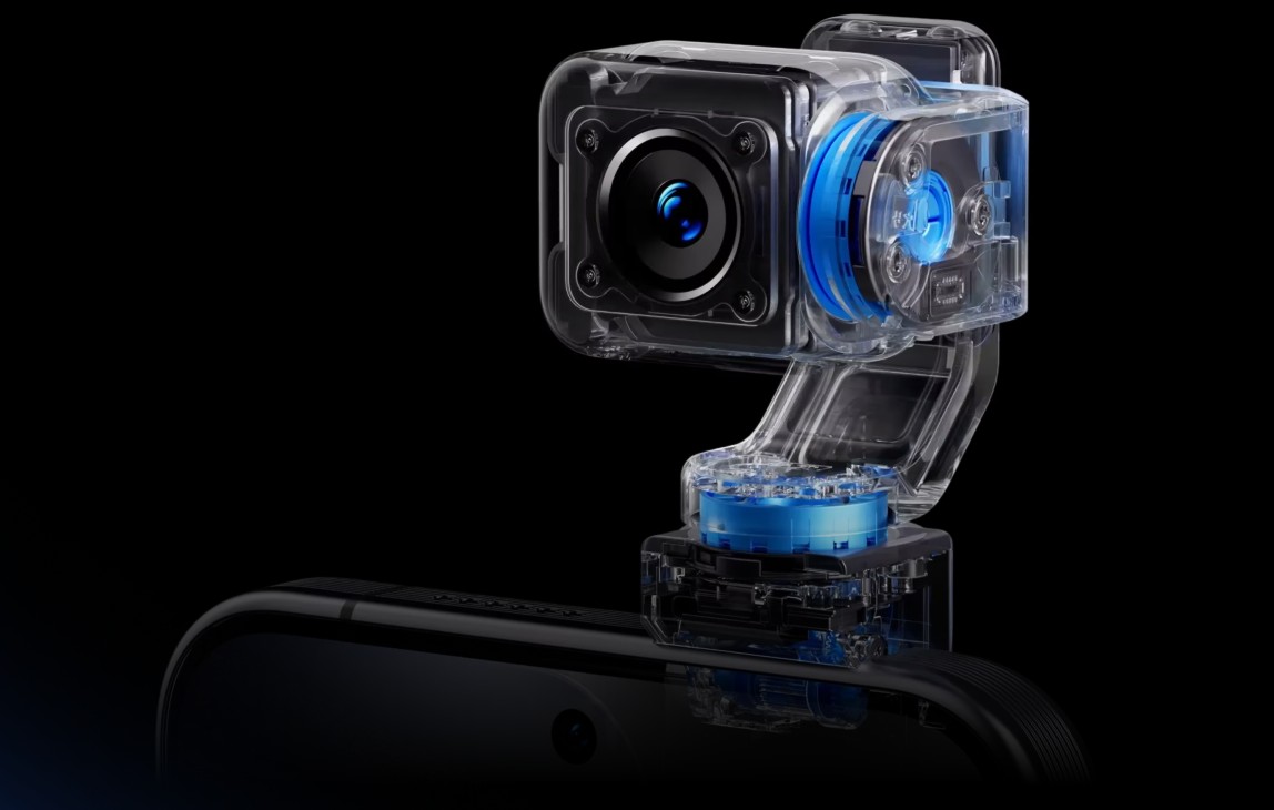 Honor Robot Phone 4DoF gimbal system transparent view showing micro motor and three-axis stabilization mechanism
