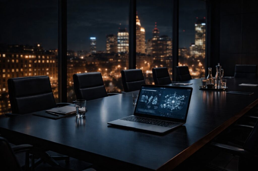 Mistral AI funding — empty European bank boardroom at night with laptop showing AI infrastructure diagram and city skyline in background