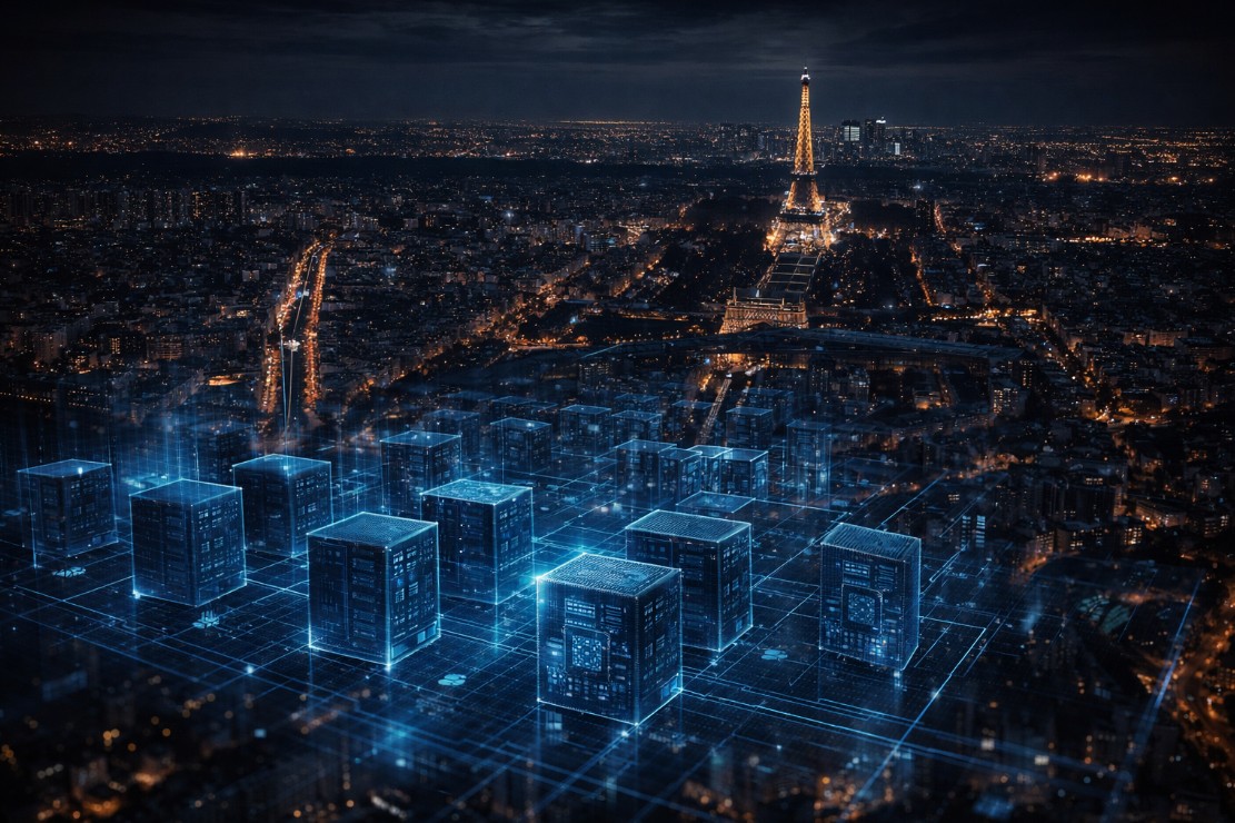 Mistral AI funding 2026 — aerial night view of Paris with holographic AI data center infrastructure floating above the city and Eiffel Tower in background