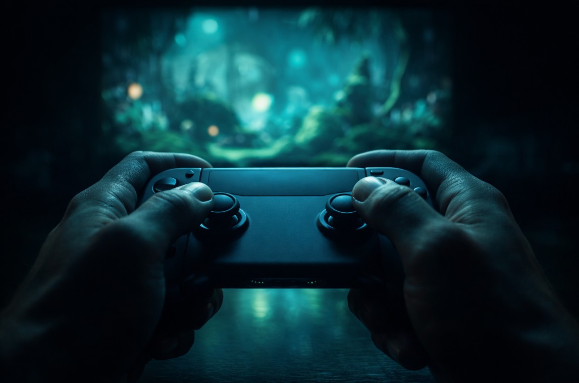 Close-up of hands holding a gaming controller with thumbs on joysticks and a blurred glowing game world in the background