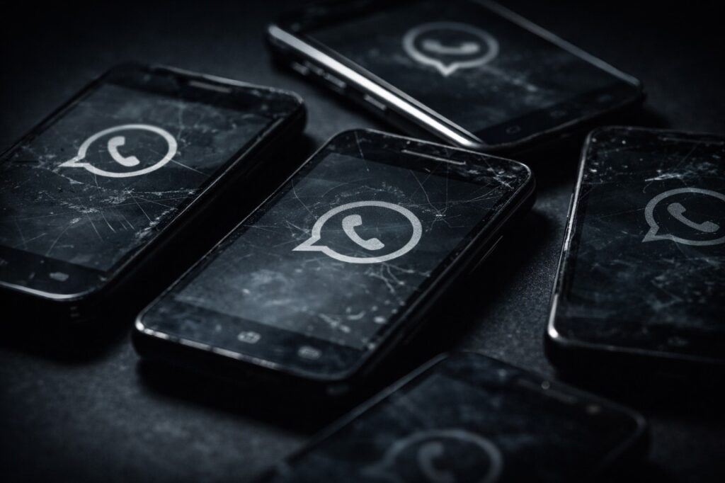 Old Android smartphones with cracked screens displaying frozen WhatsApp logo on dark surface