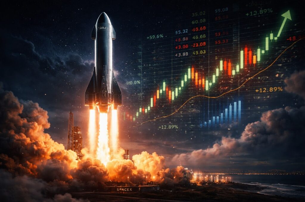 SpaceX IPO 2026 — Starship rocket launch overlaid with stock market chart showing upward trend
