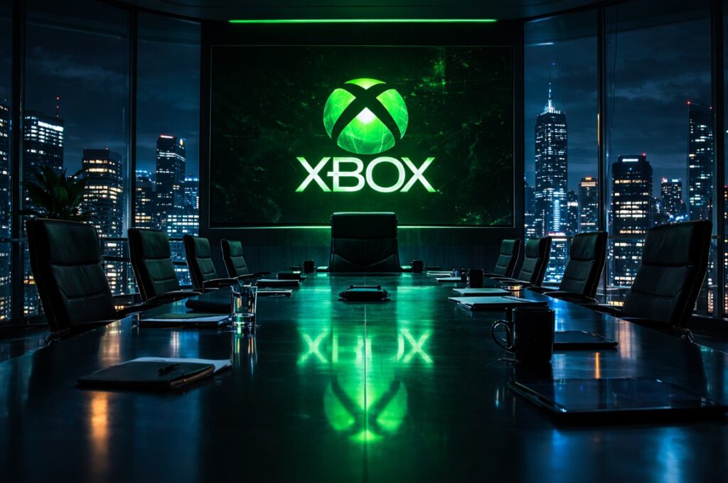Empty executive boardroom at night with a large screen displaying the Xbox logo overlooking a dark city skyline
