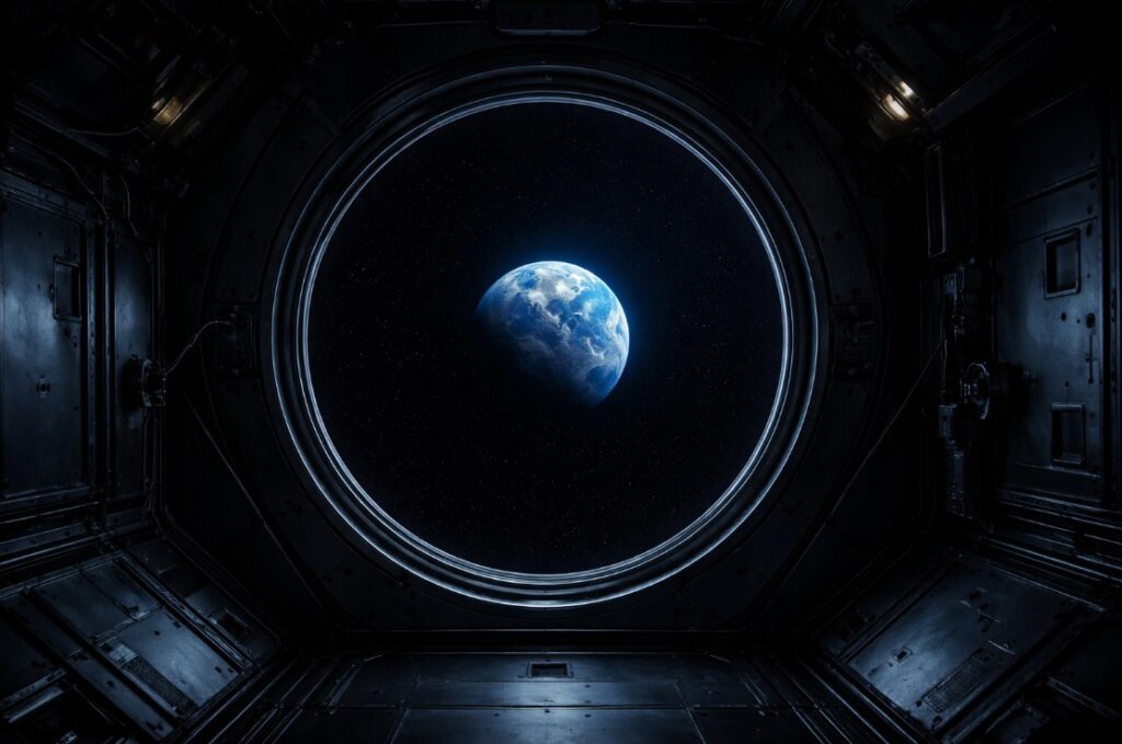 Artemis II mission — view of Earth from deep space through Orion spacecraft circular window at 250,000 miles distance