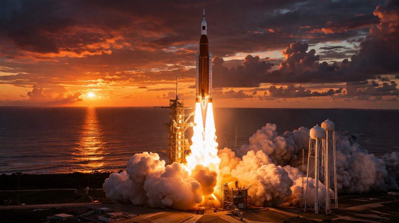 Artemis II mission — Space Launch System rocket launching from Kennedy Space Center at sunset with ocean in background