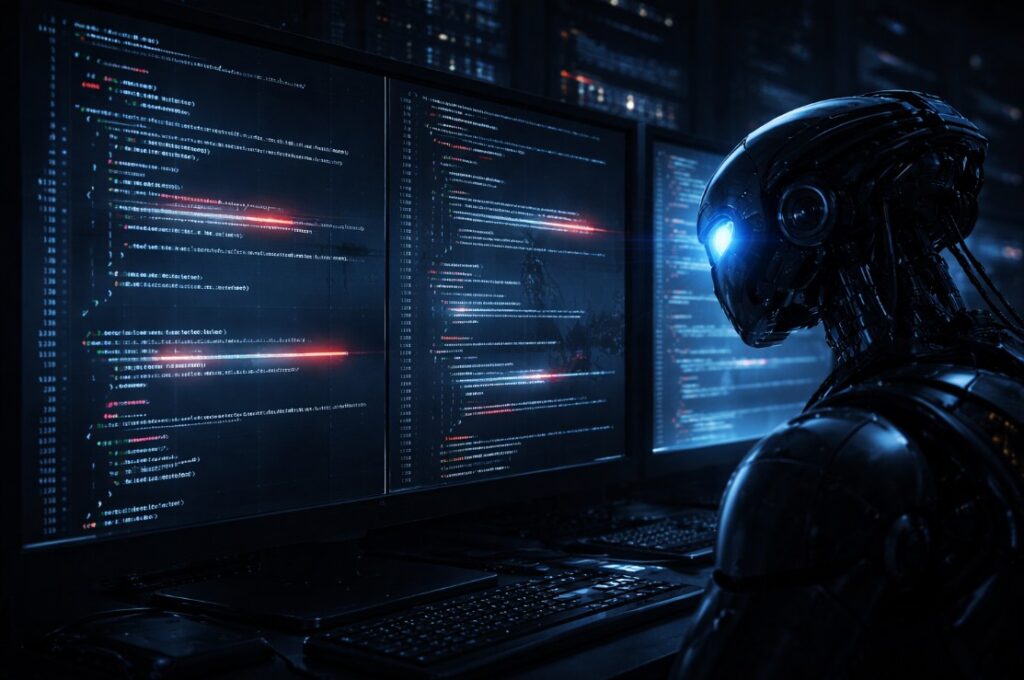 AI cybersecurity model autonomously scanning code for zero-day vulnerabilities on dual monitors in a dark server environment