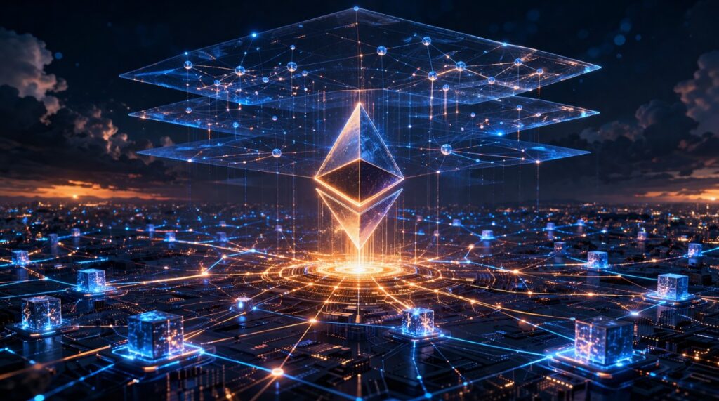 Ethereum Glamsterdam 2026 — Ethereum diamond logo at center of L1 base layer with translucent L2 rollup layers floating above connected node network