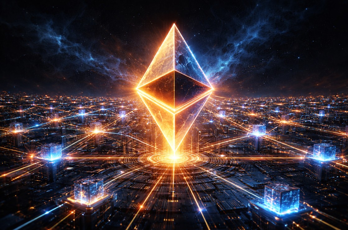 Ethereum Glamsterdam 2026 — glowing Ethereum diamond logo at center of vast interconnected server node network with high-speed data streams across dark cityscape