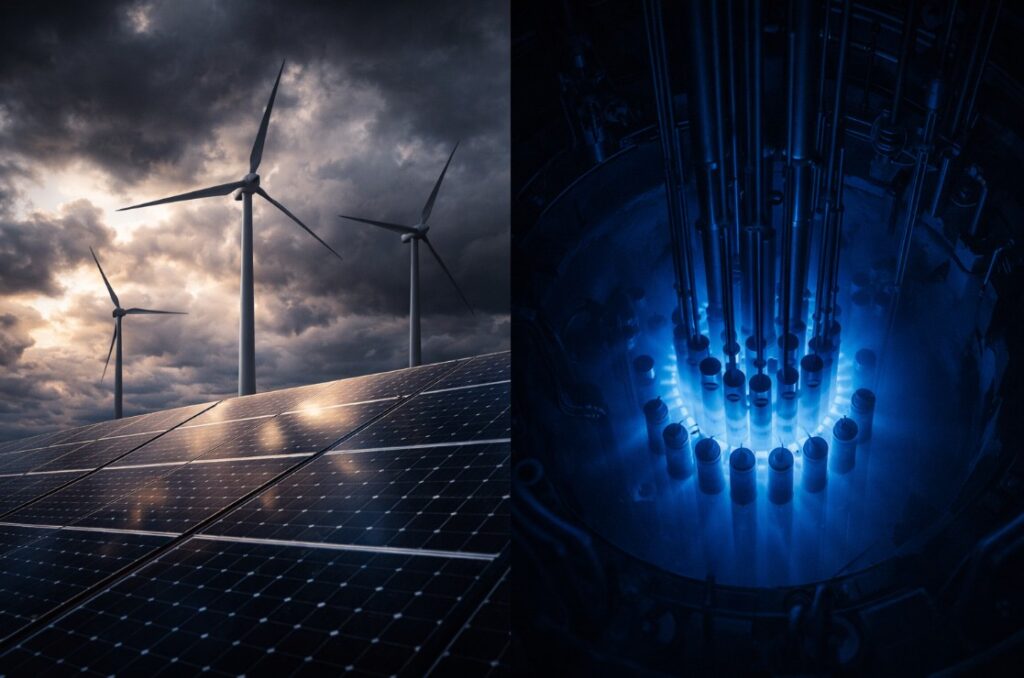 Split image comparing wind turbines and solar panels under stormy skies versus nuclear reactor core glowing with blue Cherenkov radiation, illustrating why Big Tech chose nuclear energy for AI data centers