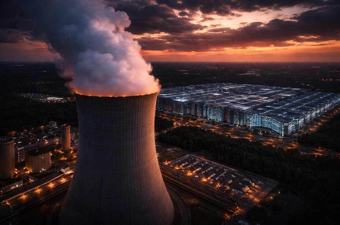 Aerial view of nuclear power plant cooling tower releasing steam at dusk with massive AI data center complex glowing in the background, representing Big Tech nuclear energy deals for AI infrastructure